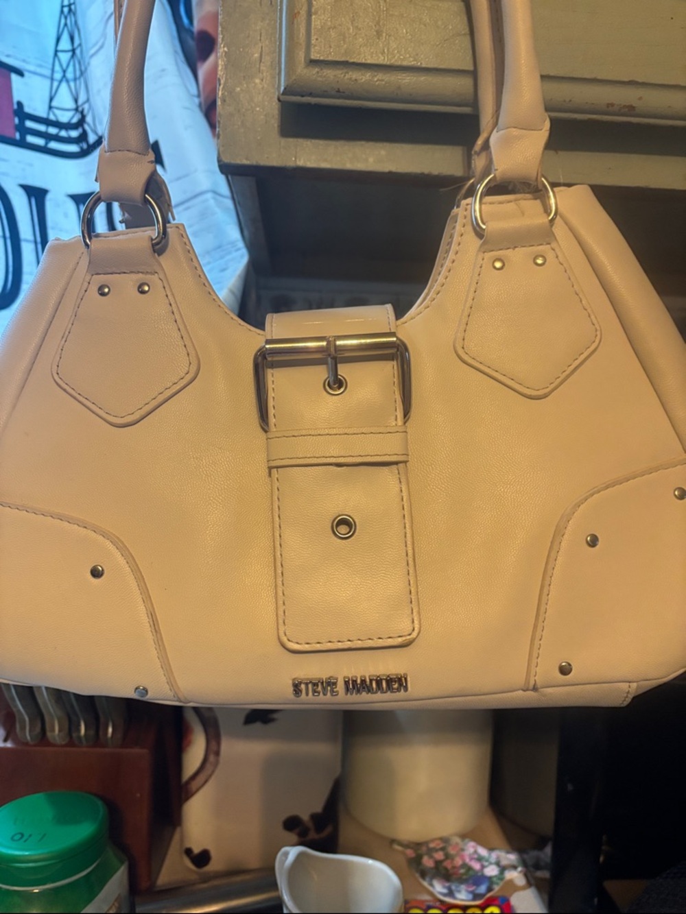 Steve Madden Blush Beige Leather Shoulder Bag with Buckle Detail
